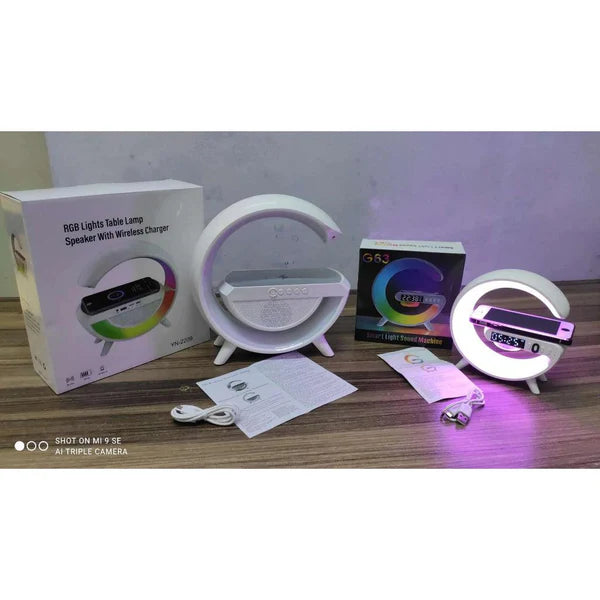 Luminária G RGB Colorida com Relógio Caixa de Som Bluetooth e Carregamento por Indução LCS